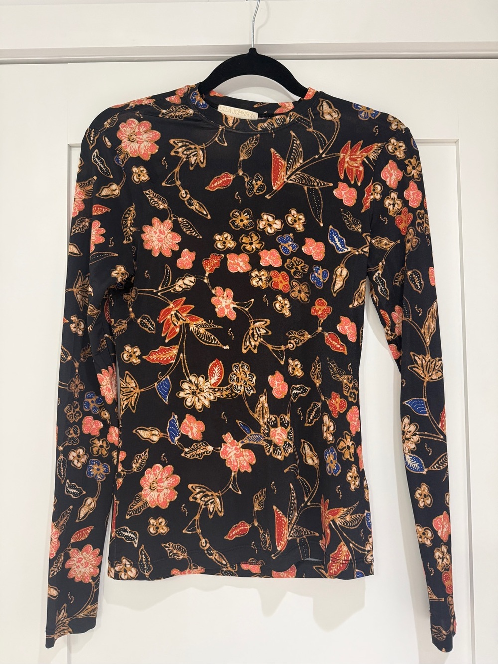 Ulla Johnson Black Long-Sleeve Floral Print Top with Coral, Gold & Blue